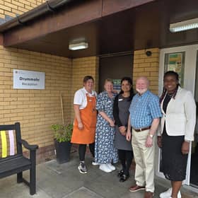 Colin Beattie, Member of Scottish Parliament (MSP) for Midlothian North and Musselburgh at HC-One Scotland’s Drummohr Care Home with Priscillah Musenga, Home Manager at HC-One Scotland’s Drummohr Care Home and colleagues