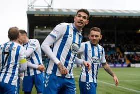 Kyle Lafferty celebrates his opener for Kilmarnock. (Photo by Sammy Turner / SNS Group)