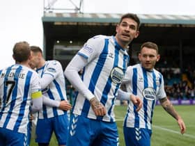 Kyle Lafferty celebrates his opener for Kilmarnock. (Photo by Sammy Turner / SNS Group)