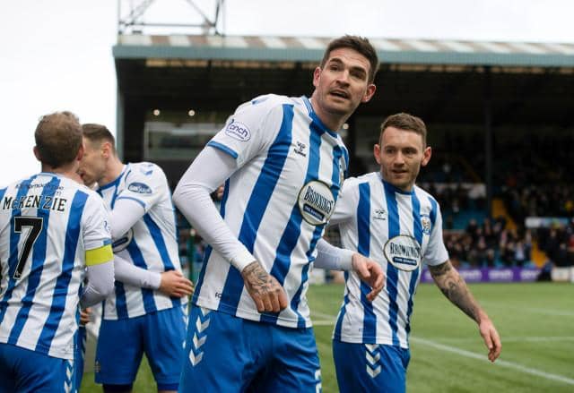 Kyle Lafferty celebrates his opener for Kilmarnock. (Photo by Sammy Turner / SNS Group)