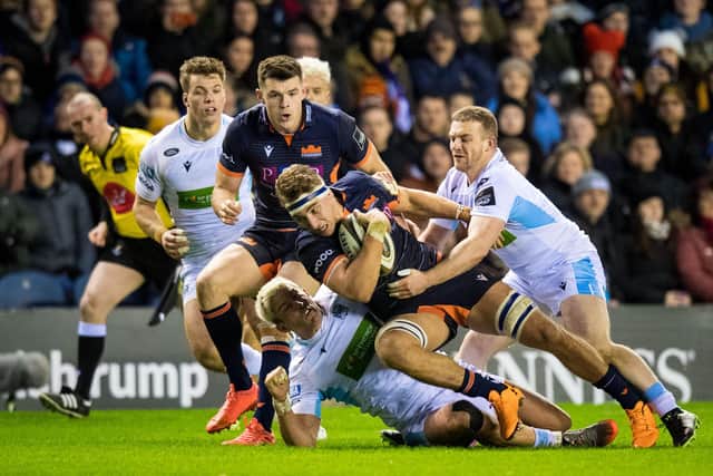 Edinburgh’s Jamie Ritchie is tackled by Glasgow's DTH van der Merwe during the Guinness Pro14 match at BT Murrayfield in December.