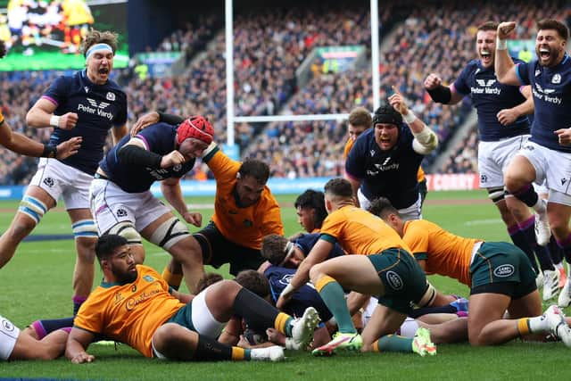 Celebrations as Hamish Watson scores a first half try for Scotland. (Photo by Craig Williamson / SNS Group)