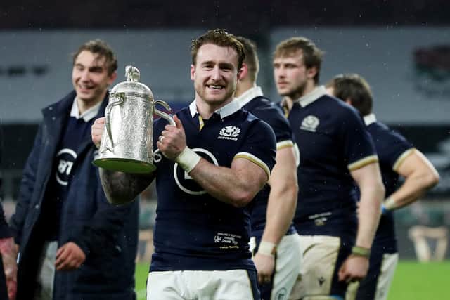 To the victor the spoils: Scotland captain Stuart Hogg with the Calcutta Cup. Picture: David Rogers/Getty Images