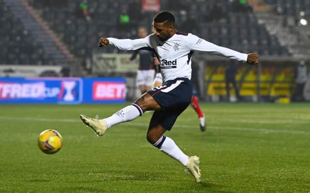 Jermain Defoe slots home in the sixth minute to open the scoring for Rangers in their Betfred Cup tie against Falkirk. (Photo by Rob Casey / SNS Group)