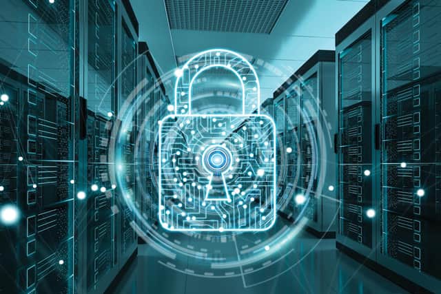 White and blue firewall activated on server room data center 3D rendering