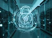 White and blue firewall activated on server room data center 3D rendering
