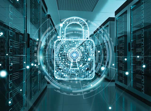 White and blue firewall activated on server room data center 3D rendering