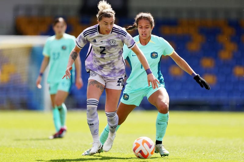Nicola Docherty of Scotland battles for possession with Mary Fowler of Australia during the Women's International Friendly match between Australia and Scotland at The Cherry Red Records Stadium on April 07, 2023 in Wimbledon, England. (Photo by Julian Finney/Getty Images)