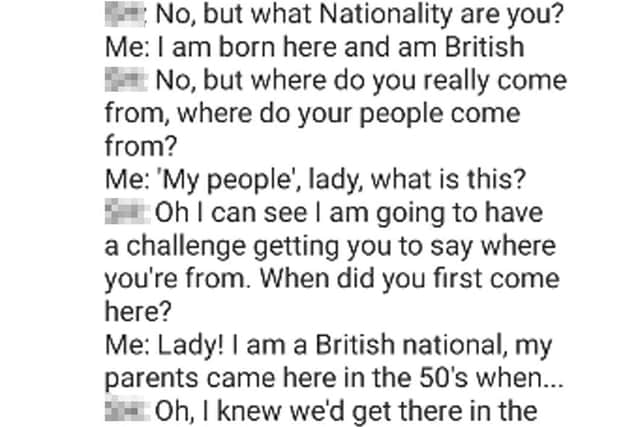 Name pixelated  Screenshot taken from the Twitter feed of Sistah_Space of conversation between Ngozi Fulani, chief executive of Sistah Space and a member of the Buckingham Palace household who has resigned and apologised after she made "unacceptable and deeply regrettable comments" at a reception.