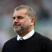 Ange Postecoglou, looks on as his side celebrate the league title before addressing the Celtic Park fans. (Photo by Ian MacNicol/Getty Images)