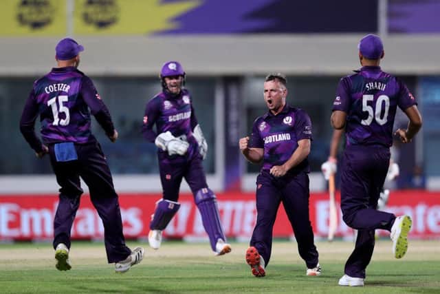 Scotland recorded a famous win over Bangladesh on their way to qualifying for the T20 Super12. (Photo by HAITHAM AL-SHUKAIRI/AFP via Getty Images)