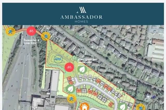 The Forthview site showing the planned Ferrymuir Gait access (red arrow at bottom left) and access via Henry Ross Place and Hugh Russell Place (red and pink arrows on right). Picture: Ambassador Homes/Ryden