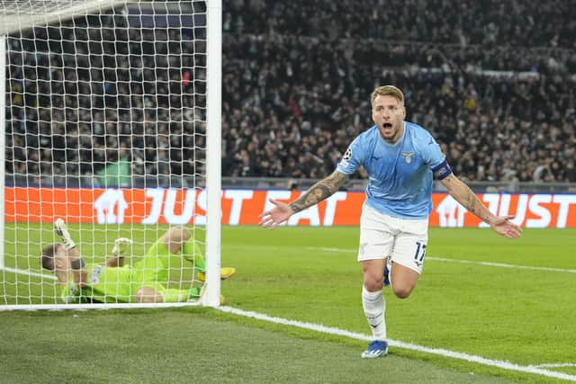 Lazio's Ciro Immobile celebrates after scoring his side's first goal against Celtic.