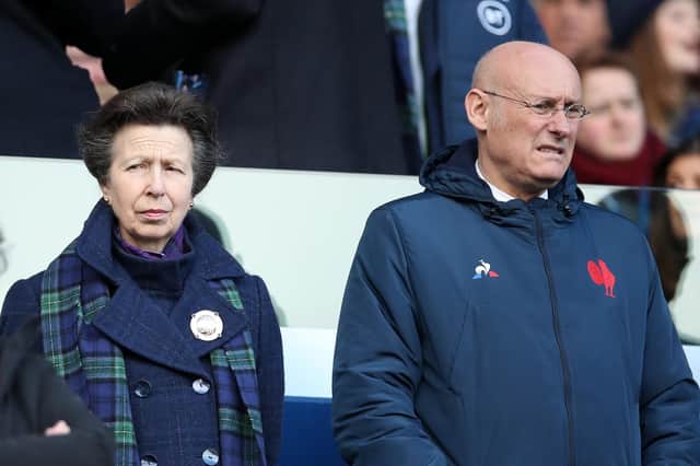 Bernard Laporte, president of the French rugby federation, pictured at Murrayfield next to Princess Anne ahead of the Six Nations match between Scotland and France last year.