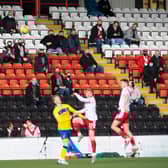Fans watch on during the Scottish Championship play-off final first leg tie between Airdrie and Morton at Penny Cars Stadium.