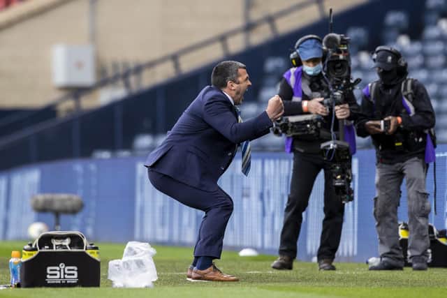 St Johnstone manager Callum Davidson celebrates at full time as he becomes only the 15th man to guide a Scottish team to the two cups in one season. (Photo by Craig Williamson / SNS Group)