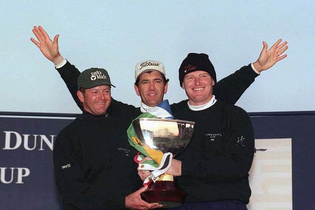 South African trio Retief Goosen, Ernie Els and David Frost celebrate winning the 1998 Dunhill Cup at St Andrews. Picture: Ian Stewart/AFP via Getty Images.