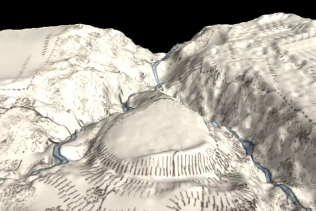 The 3D model of the suspected Wallace's House site which shows clearly the steep ravines at either side, as recorded in historical accounts.