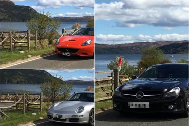 Three of the sports cars - a Ferrari, Porsche and Mercedes -  drive along the road on Sunday.