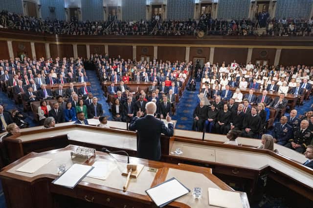 US President Joe Biden delivers the annual State of the Union address before a joint session of Congress in the House chamber at the Capital building in Washington, DC. Picture: Alex Brandon-Pool/Getty Images