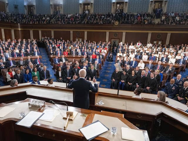 US President Joe Biden delivers the annual State of the Union address before a joint session of Congress in the House chamber at the Capital building in Washington, DC. Picture: Alex Brandon-Pool/Getty Images