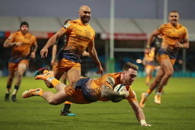 Scotland captain Stuart Hogg scores Exeter Chiefs' third try during the Heineken Champions Cup win over his former club Glasgow Warriors. Picture: David Rogers/Getty Images