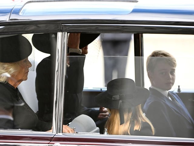LONDON, ENGLAND - SEPTEMBER 19: Camilla, Queen Consort, Catherine, Princess of Wales, Princess Charlotte of Wales and Prince George of Wales leaving Westminster Abbey during the State Funeral of Queen Elizabeth II on September 19, 2022 in London, England. Elizabeth Alexandra Mary Windsor was born in Bruton Street, Mayfair, London on 21 April 1926. She married Prince Philip in 1947 and ascended the throne of the United Kingdom and Commonwealth on 6 February 1952 after the death of her Father, King George VI. Queen Elizabeth II died at Balmoral Castle in Scotland on September 8, 2022, and is succeeded by her eldest son, King Charles III. (Photo by Jeff Spicer/Getty Images)
