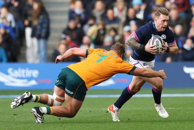James Slipper tries to stop Scotland's Stuart Hogg during last year's Autumn Nations Series match at Murrayfield. Scotland won 15-13. (Photo by Craig Williamson / SNS Group)