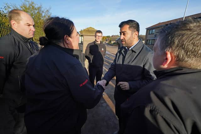 First Minister Humza Yousaf during a visit to Brechin, Scotland, to thank members of the emergency services and Angus Council. Photo: Andrew Milligan/PA Wire