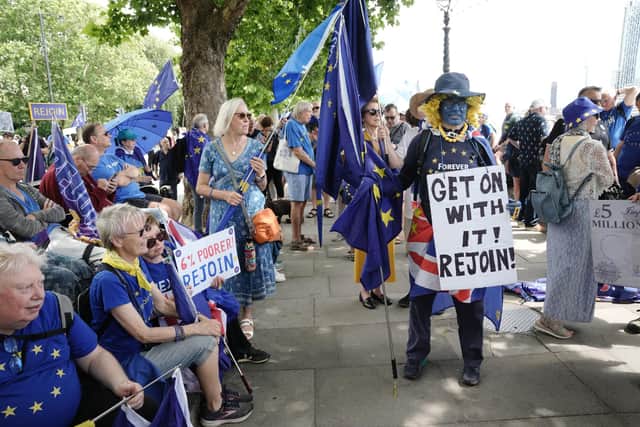 People during a national rejoin the EU march in London, marking ten years since the Brexit referendum. Picture: Jeff Moore/PA