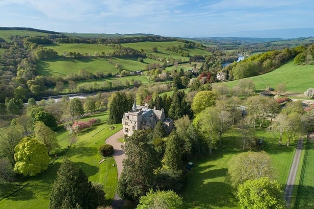 Aerial view of house and grounds, overlooking the River Tweed.