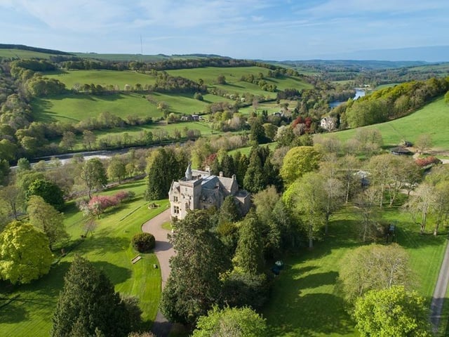 Aerial view of house and grounds, overlooking the River Tweed.
