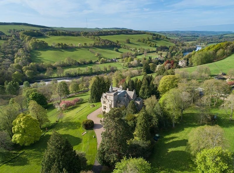 Aerial view of house and grounds, overlooking the River Tweed.