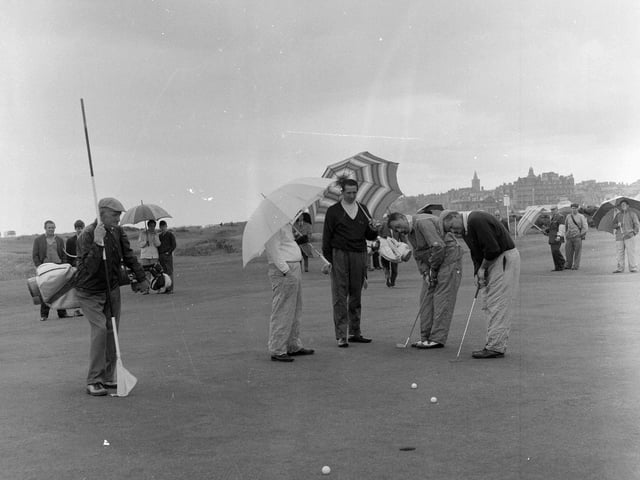 Phil Rodgers, Joe Carr, Christy OConner and John Panton during a practise round at the St Andrews Open Championship in 1964.