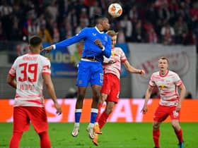 Rangers' Nigerian midfielder Joe Aribo and Leipzig's Austrian midfielder Konrad Laimer. (Photo by JOHN MACDOUGALL/AFP via Getty Images)
