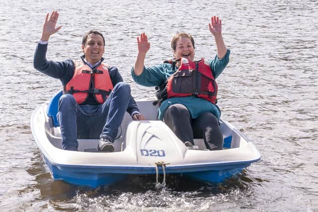 Scottish Labour leader Anas Sarwar and deputy leader Jackie Baillie have a go on a pedalo. Picture: Jane Barlow/PA Wire