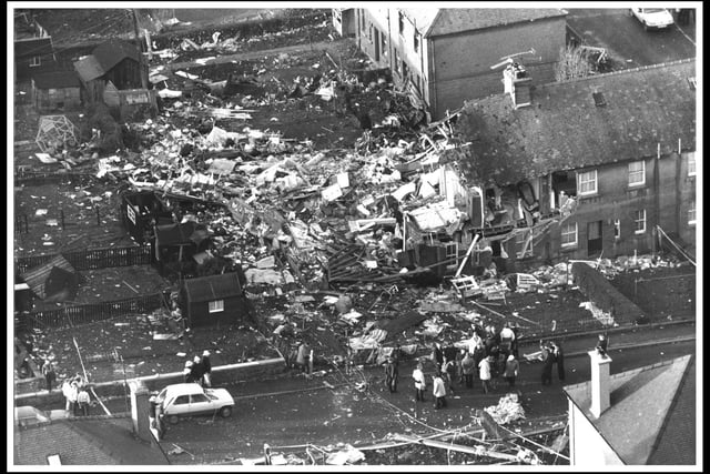 An aerial shot of property in Sherwood Park devastated by the wreckage of Pan Am flight 103, Boeing 747 airliner.
