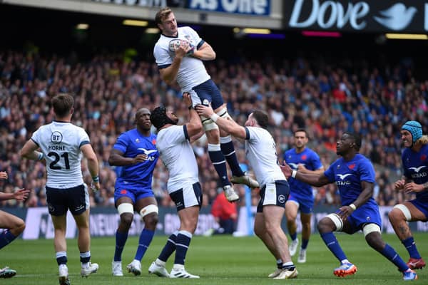 Richie Gray leaps highest to win the ball for Scotland during the 25-21 victory over France in the World Cup warm-up at Murrayfield.  (Photo by David Gibson/Fotosport/Shutterstock)