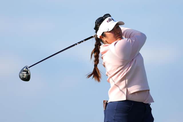 Defending champion Lilia Vu tees off on the 16th hole during day three of the AIG Women's Open at St Andrews. Picture: Michael Reaves/Getty Images.