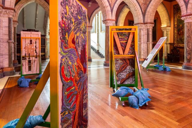 Installation view of work by Alberta Whittle in the Marble Hall at Mount Stuart