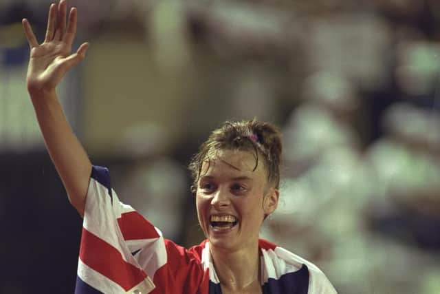 Liz McColgan celebrates her 1991 World Championship victory in Tokyo. Picture: Gray Mortimore/Allsport