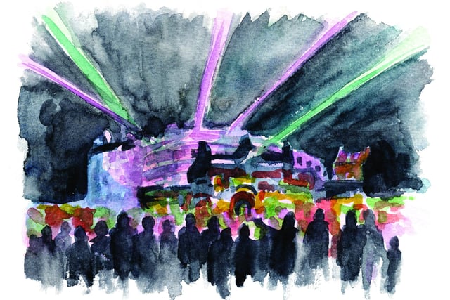 Using my watercolour only technique I was delighted to be able to capture the Castle of Light show at Edinburgh Castle. The soft blurry texture gave this sketch a great atmosphere, it captures a memory of the night very well.