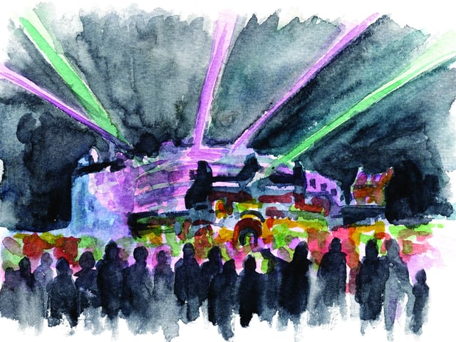 Using my watercolour only technique I was delighted to be able to capture the Castle of Light show at Edinburgh Castle. The soft blurry texture gave this sketch a great atmosphere, it captures a memory of the night very well.