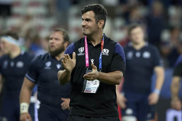 Stuart McInally applauds the crowd after bowing out of rugby during the Rugby World Cup in France where injury prevented him from playing. (Photo by Craig Williamson / SNS Group)