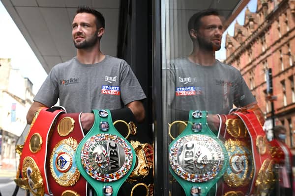Scottish undisputed Super-Lightweight World Champion Josh Taylor with all four belts following his historical win over Jose Ramirez in Las Vegas. (Picture: John Devlin)