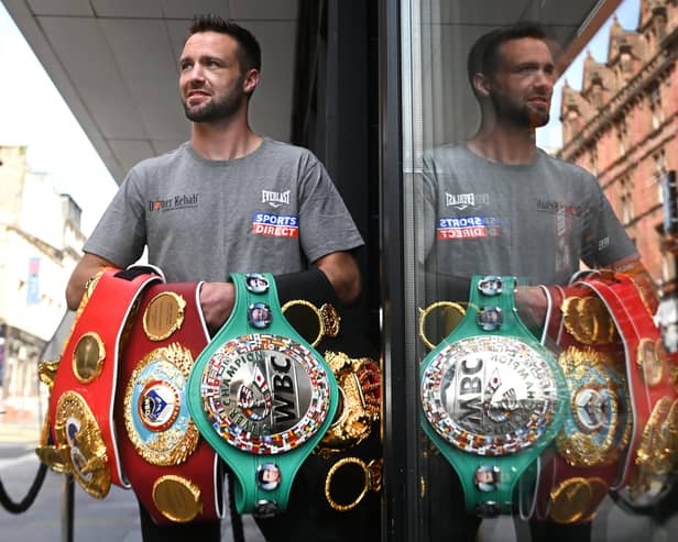 Scottish undisputed Super-Lightweight World Champion Josh Taylor with all four belts following his historical win over Jose Ramirez in Las Vegas. (Picture: John Devlin)