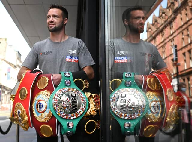 Scottish undisputed Super-Lightweight World Champion Josh Taylor with all four belts following his historical win over Jose Ramirez in Las Vegas. (Picture: John Devlin)