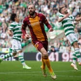 Motherwell's Kevin van Veen celebrates scoring to make it 1-1 at Celtic Park. (Photo by Craig Foy / SNS Group)