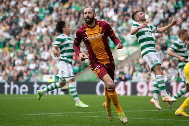 Motherwell's Kevin van Veen celebrates scoring to make it 1-1 at Celtic Park. (Photo by Craig Foy / SNS Group)