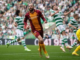 Motherwell's Kevin van Veen celebrates scoring to make it 1-1 at Celtic Park. (Photo by Craig Foy / SNS Group)